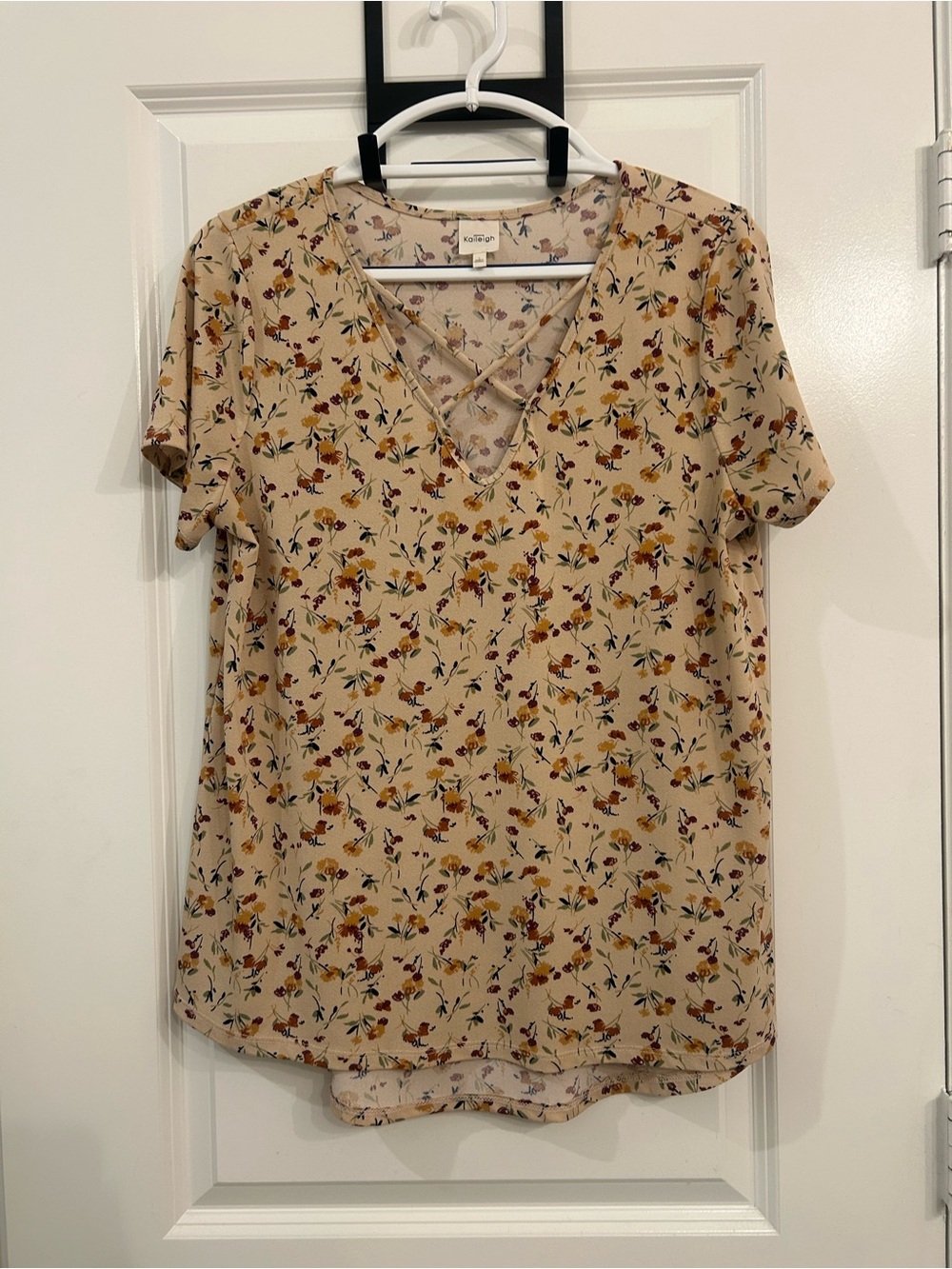 Kaileigh Beige Floral Crisscross V-Neck Blouse